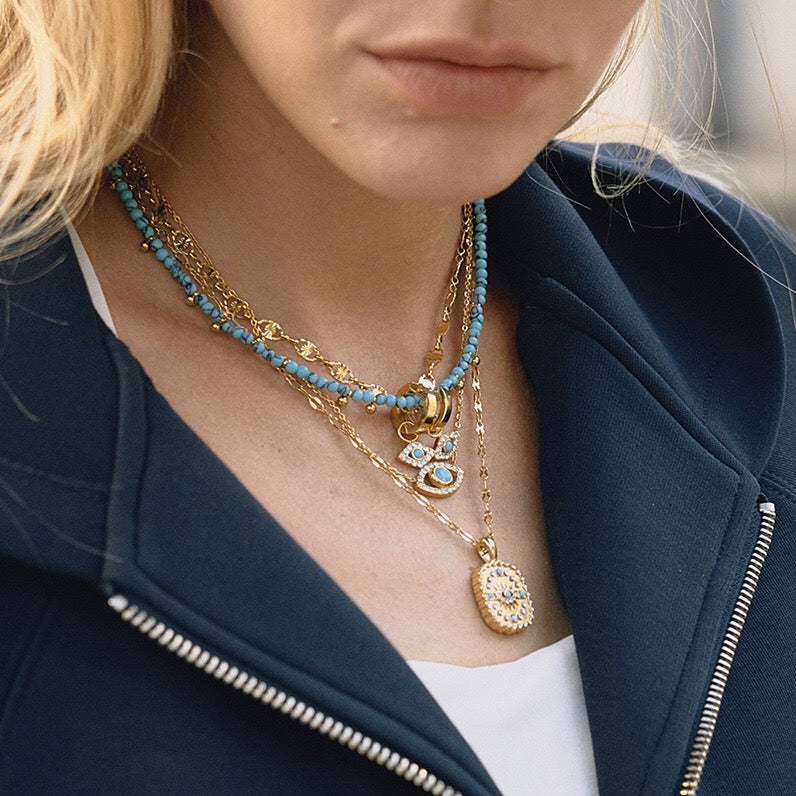 18K Gold Turquoise Evil Eye Pendant Beaded Statement Layered Necklace Set