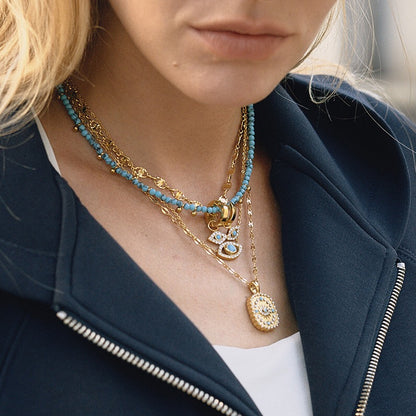 18K Gold Turquoise Evil Eye Pendant Beaded Statement Layered Necklace Set