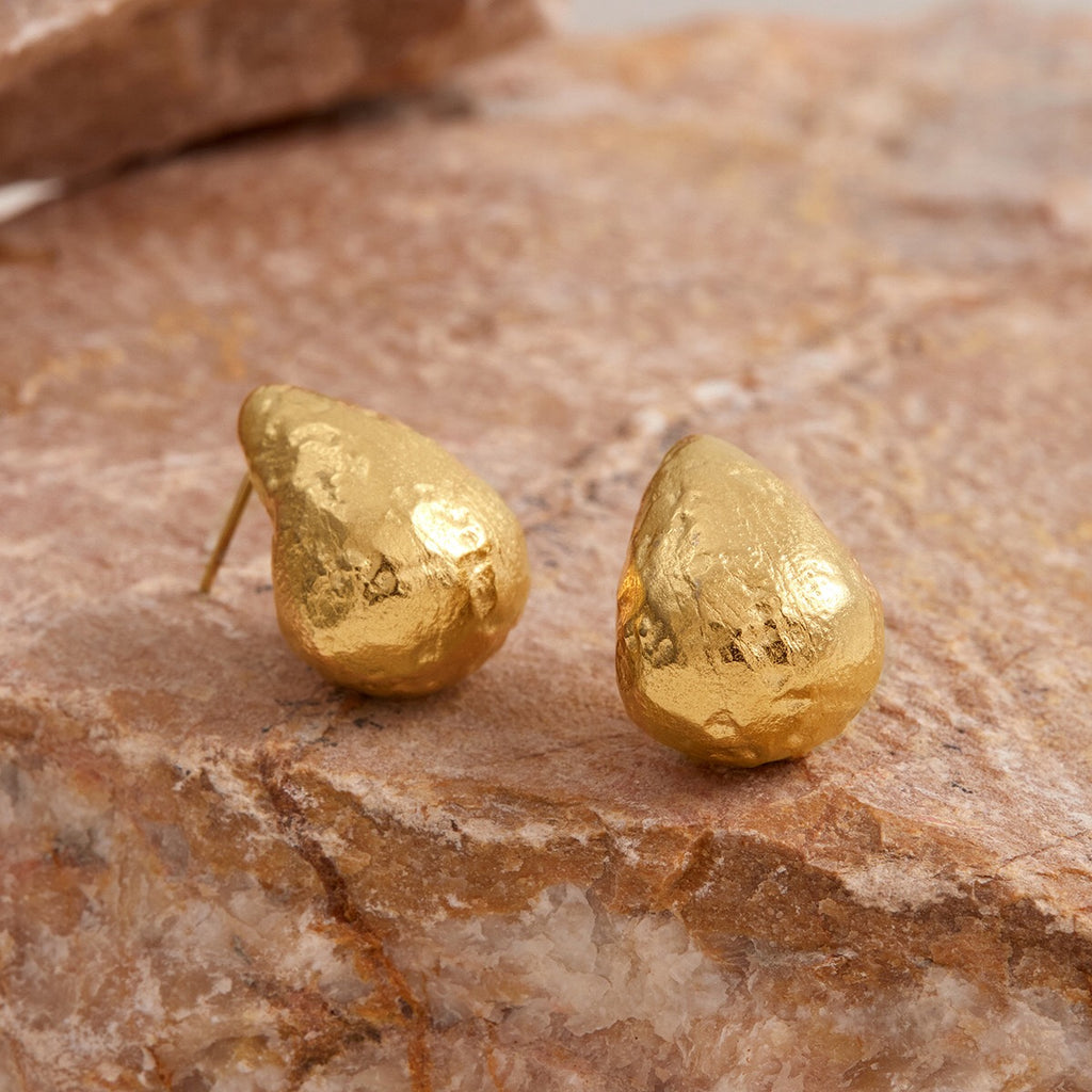 18K Gold Teardrop Opal Stud Earrings Ear Cuff Set
