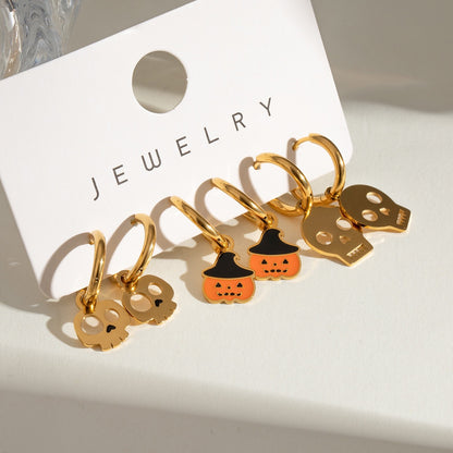 18K Gold Halloween Pumpkin Skull Small Hoop Huggie Earrings with Charm