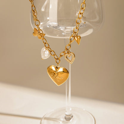 18K Gold Heart Pearl Charm Bracelet