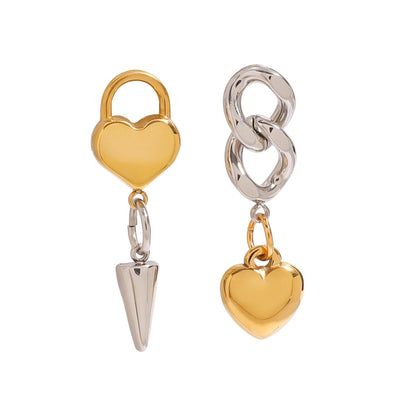 18K Gold and Silver Two Tone Love Lock Statement Stud Dangle Earrings