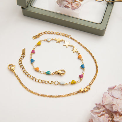 18K Gold Stars Align Dainty Chain Colorful Hearts Bracelet Stack