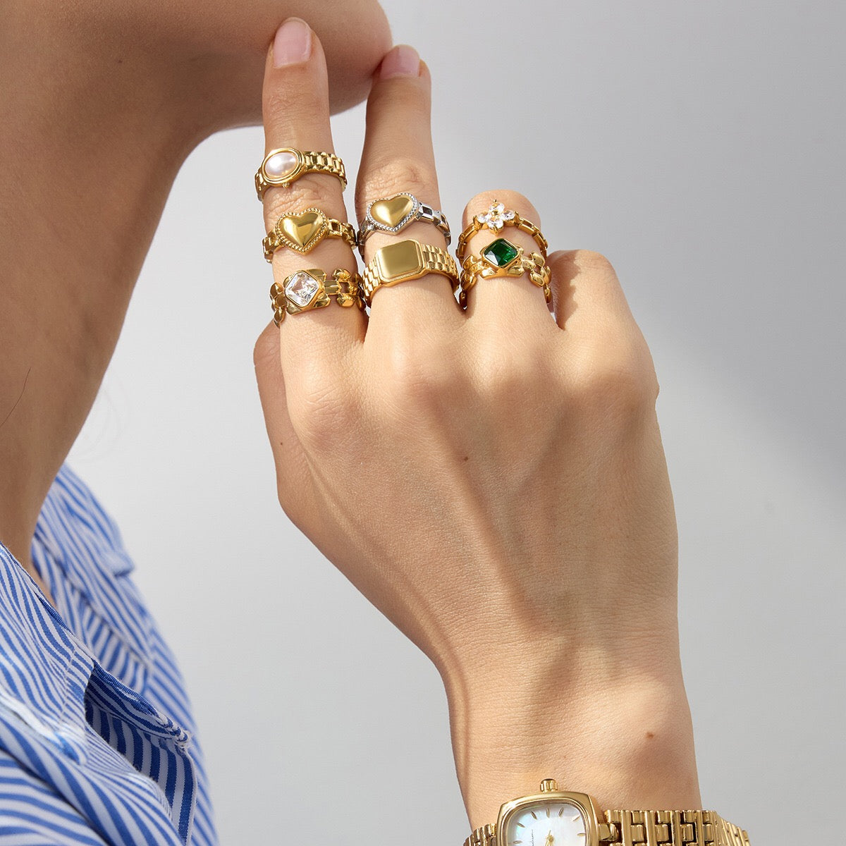18K Gold Watch Band Flower Heart Statement CZ Stacking Ring