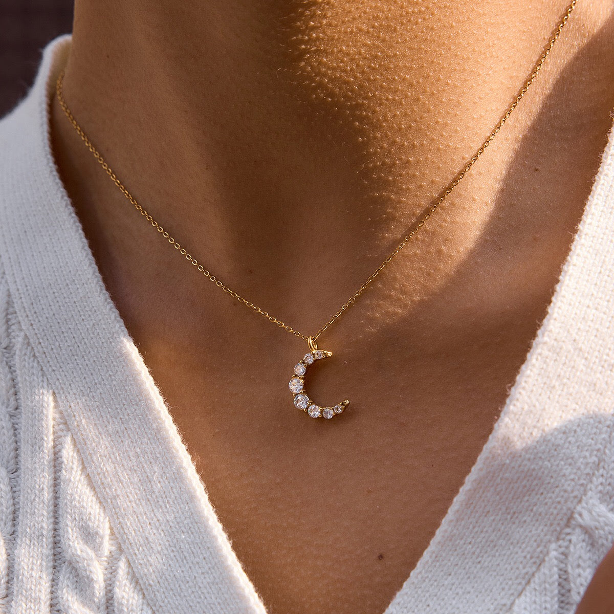 18K Gold Luna Pave Moon Dainty Pendant Necklace
