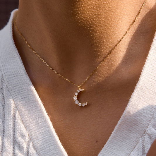 18K Gold Luna Pave Moon Dainty Pendant Necklace