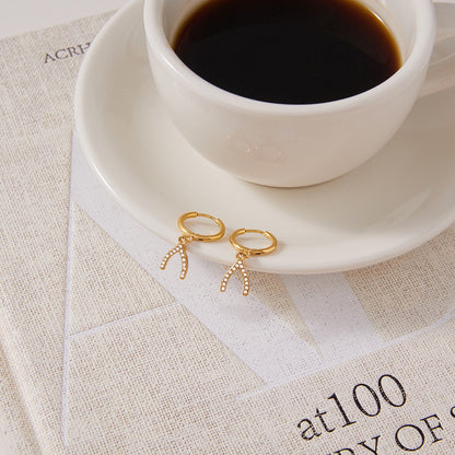 18K Gold Bling Wishing Bone Small Hoop Huggie Earrings with Charm