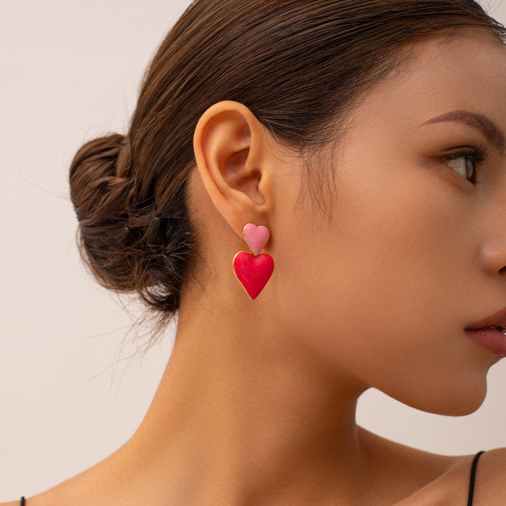 18K Gold Pink Heart Dangle Earrings