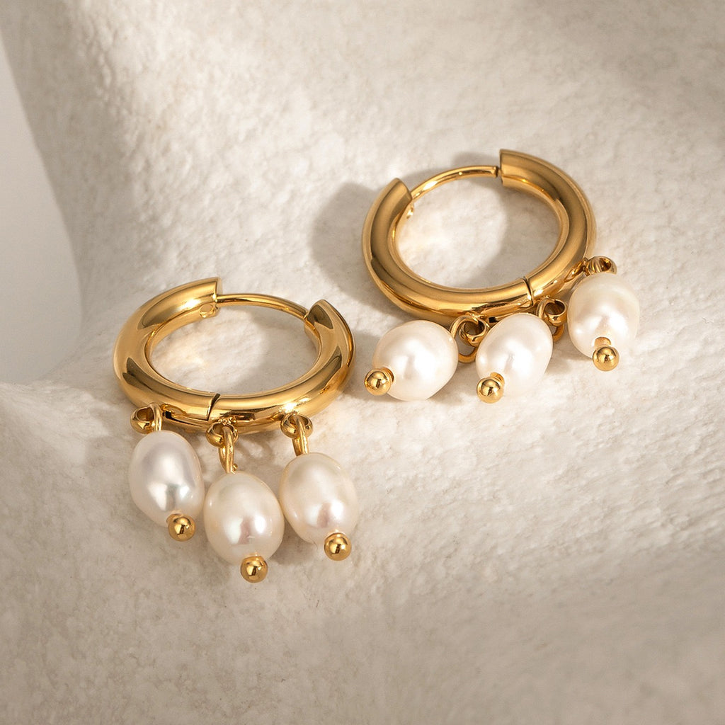 18K Gold Dangle Pearl Huggie Earrings