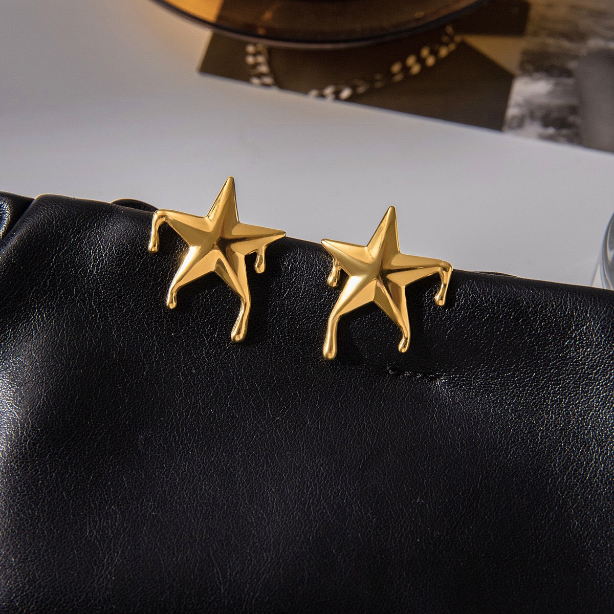18K Gold Golden Drip Cherry Lips Star Statement Stud Earrings