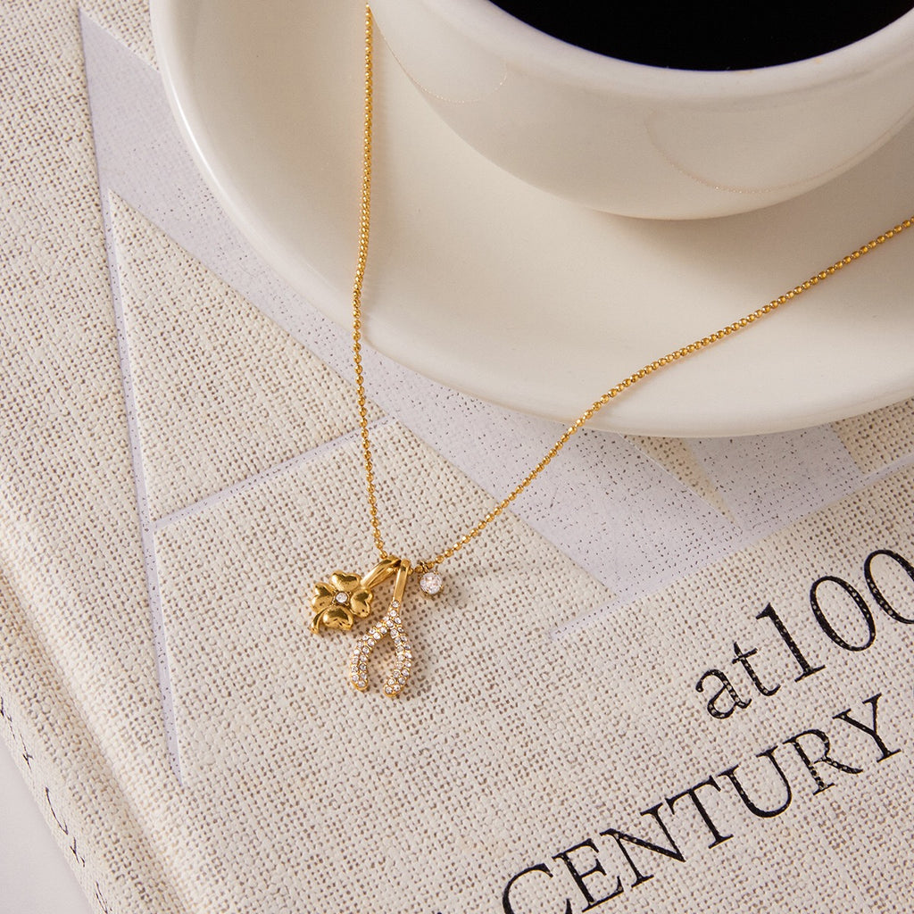 18K Gold Lucky You Clover Wishing Bone Dainty Charm Necklace