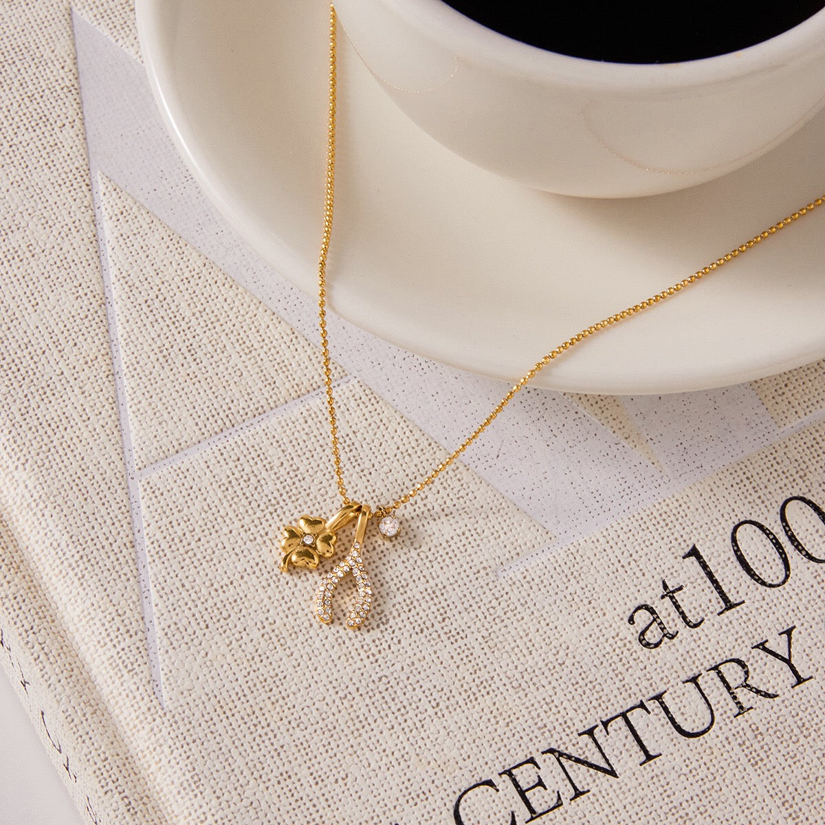 18K Gold Lucky You Clover Wishing Bone Dainty Charm Necklace