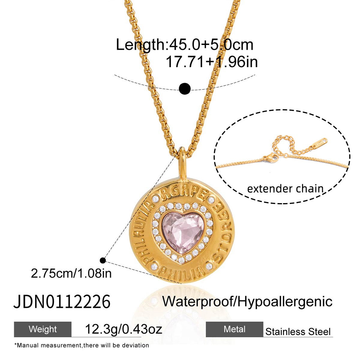 18K Gold Heart in Hand Pink Heart Hamsa Best Friend Coin Pendant Necklace
