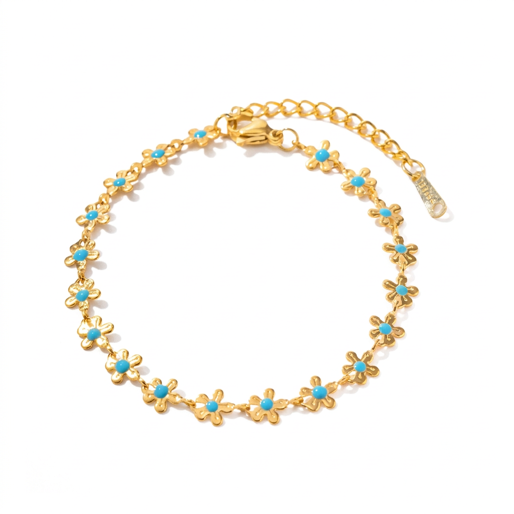 18K Gold Blue Flower Chain Necklace & Bracelet Set