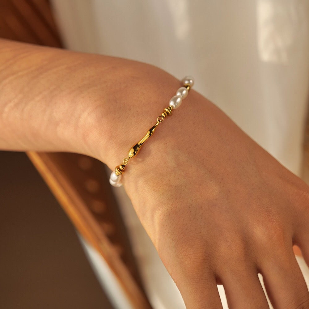 18K Gold Elegant Harmony Pearl Paperclip Chain Bracelet Stack