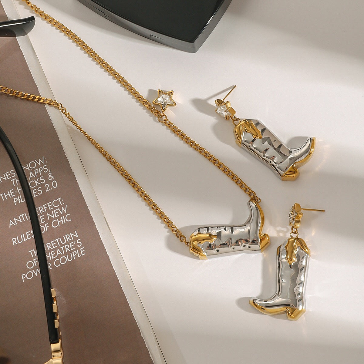 18K Gold and Silver Two Tone Rodeo Star Cowboy Boot Stud Dangle Earrings