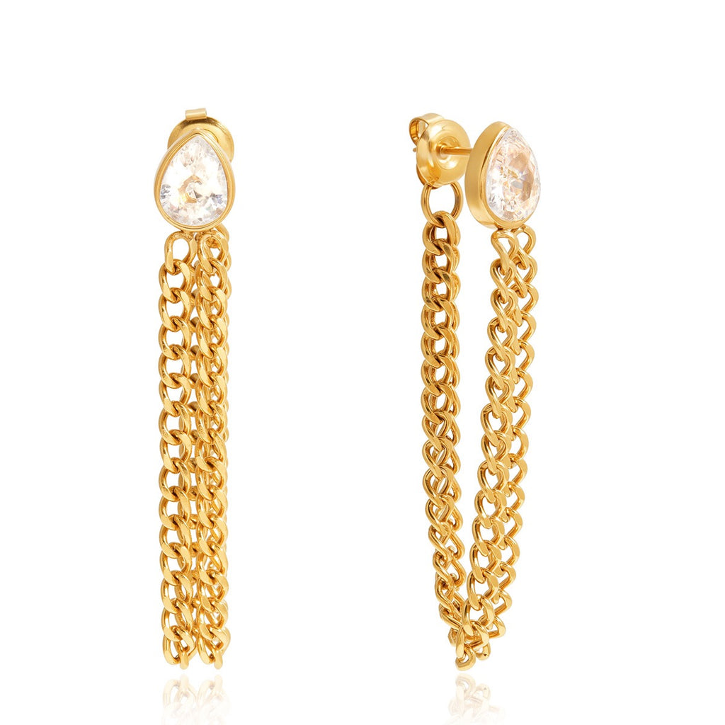 18K Gold Soft Sway Chain Drop Dangle CZ Stud Earrings