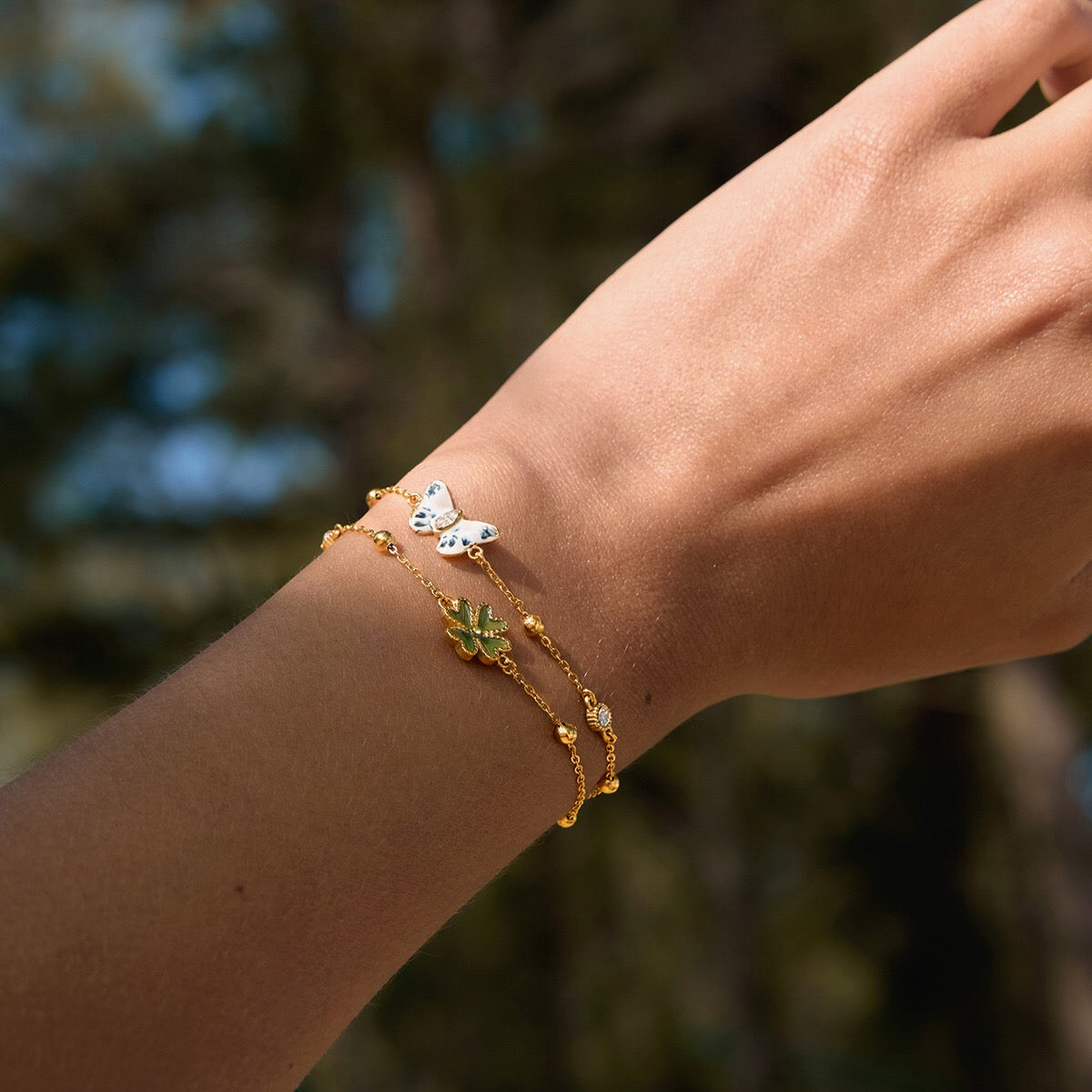 18K Gold Enchanted Garden Flower Dragonfly Butterfly Dainty Bracelet