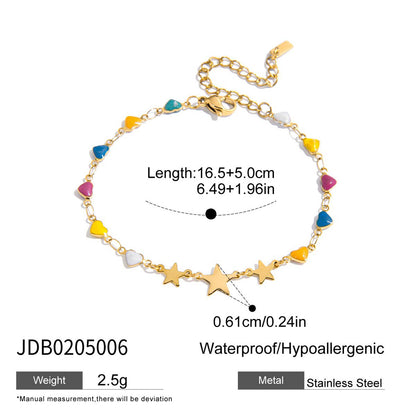 18K Gold Stars Align Dainty Chain Colorful Hearts Bracelet Stack