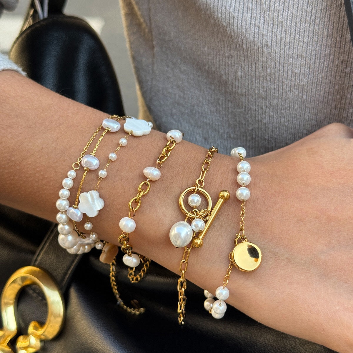 18K Gold Floating Pearls Chain Bracelet Stack