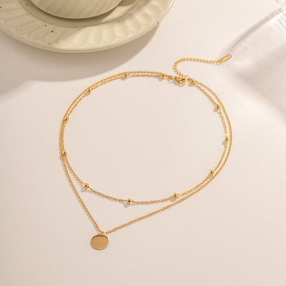 18K Gold Quiet Desire Disc Pendant Dainty Double Chain Layered Necklace