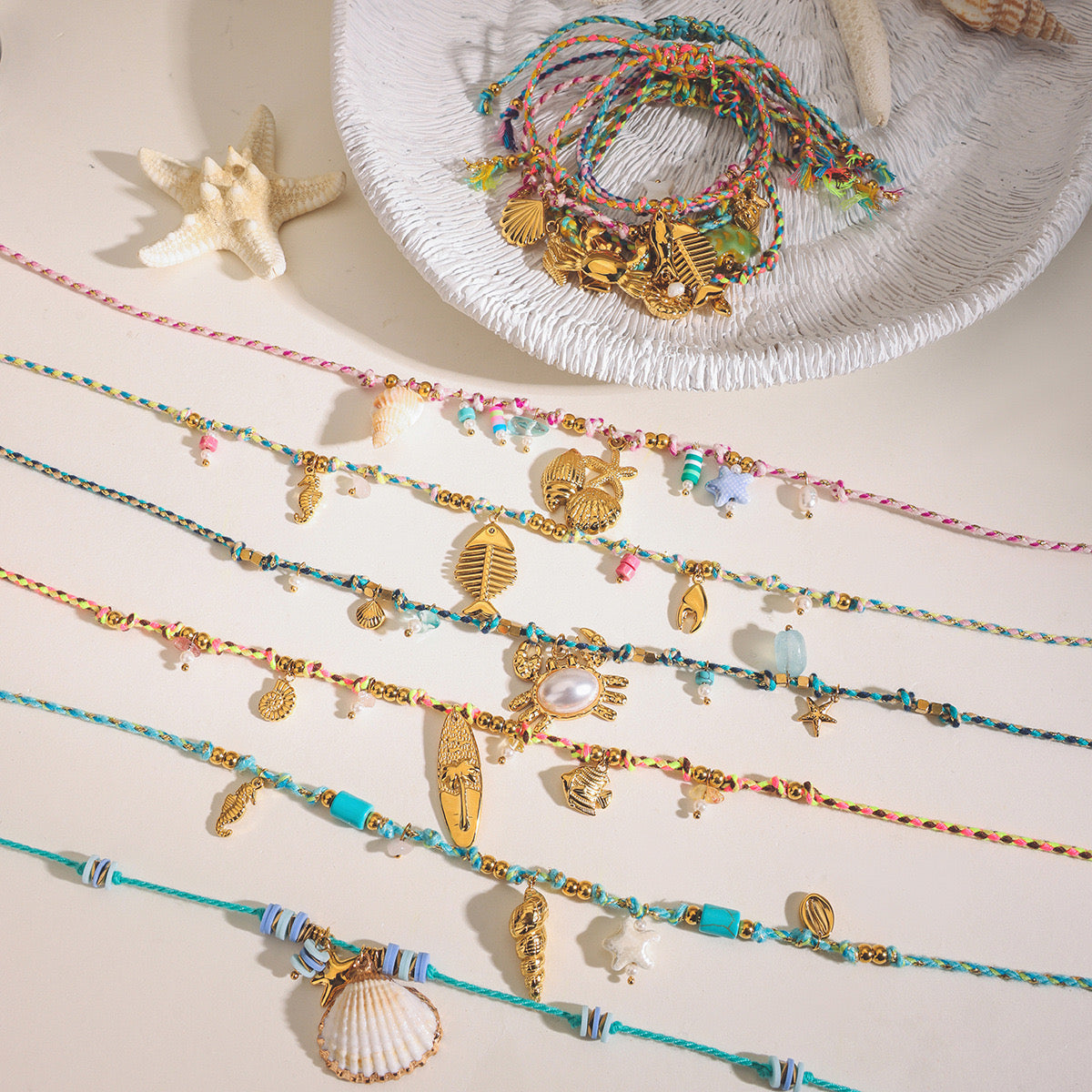 18K Gold Color String Ocean Themed Charm Necklace