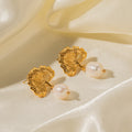 18K Gold Ginkgo Pearl Drop Dangle Stud Earrings