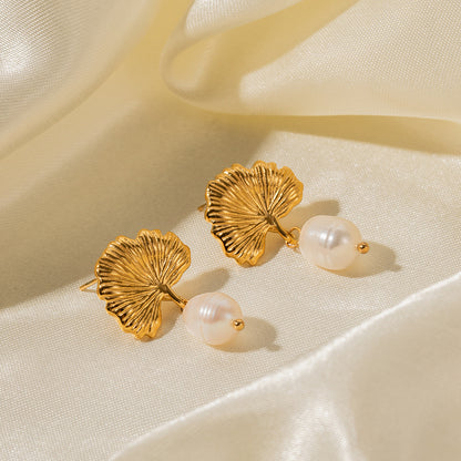 18K Gold Ginkgo Pearl Drop Dangle Stud Earrings