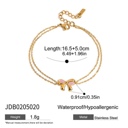 18K Gold Hot Pink Beaded Flower Bow Heart Chain Bracelet Stack