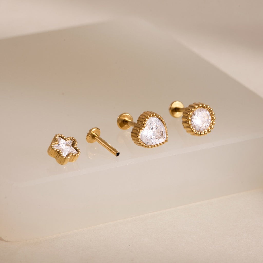 18K GoldLucky Charms Star Heart Flat Back Stud Nap Earrings Set