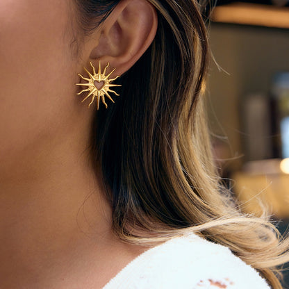 18K Gold Sunburst Heart Statement Stud Earrings