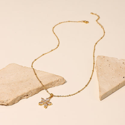 18K Gold Bling Flower CZ Pendant Necklace