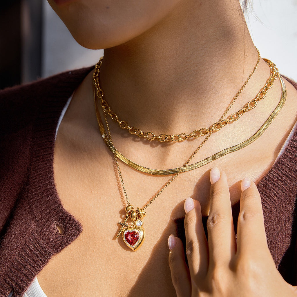 18K Gold Amour Red Heart Pendant Key Cross Charm Necklace