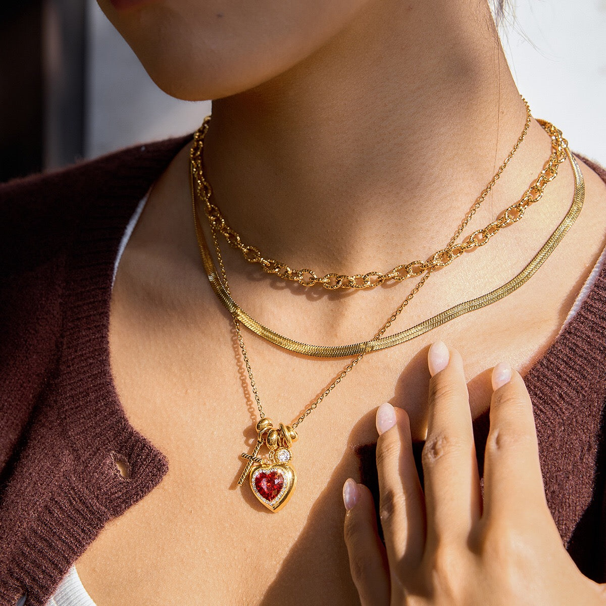 18K Gold Amour Red Heart Pendant Key Cross Charm Necklace