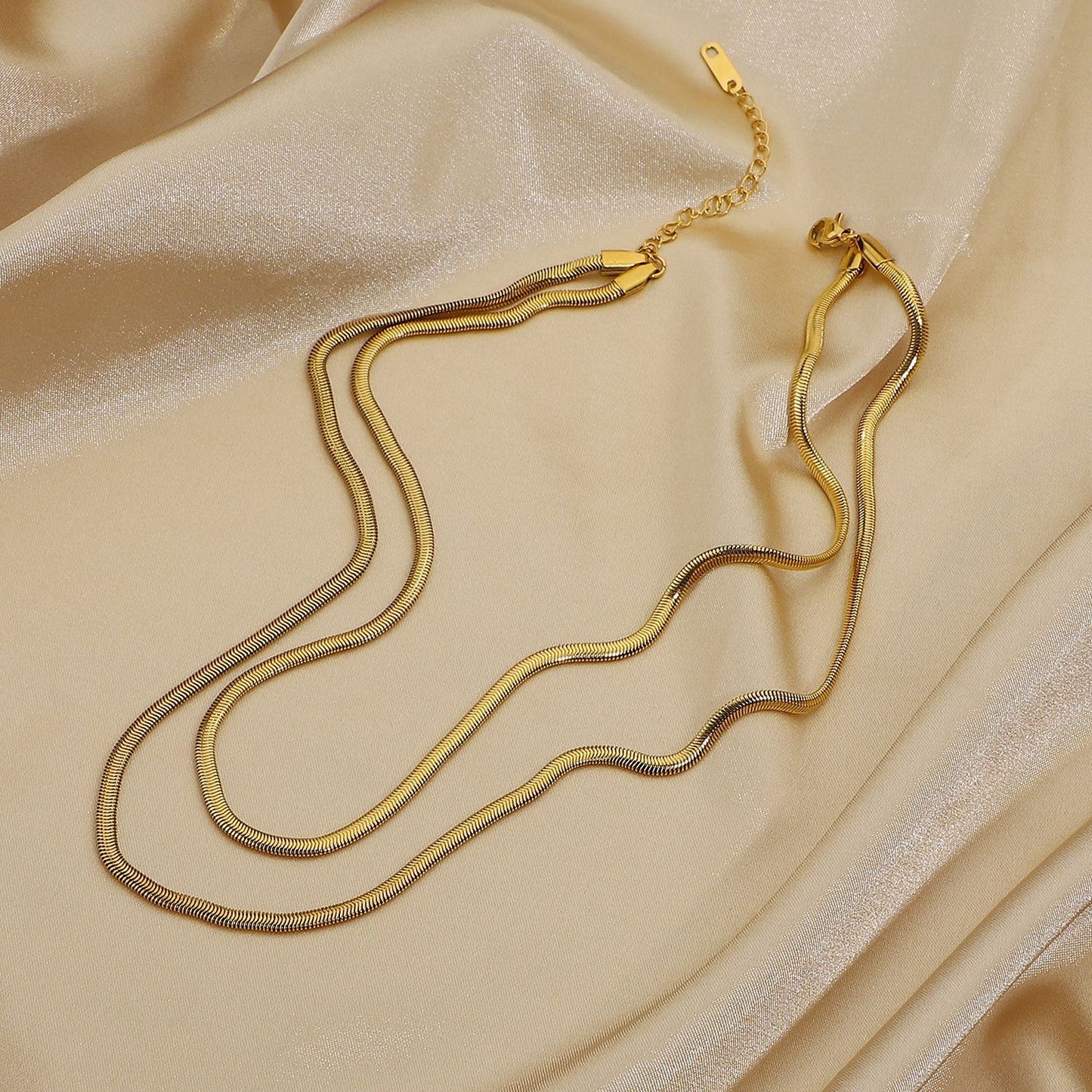 18K Gold Herringbone Snake Chain Extra Long Layered Necklace Set