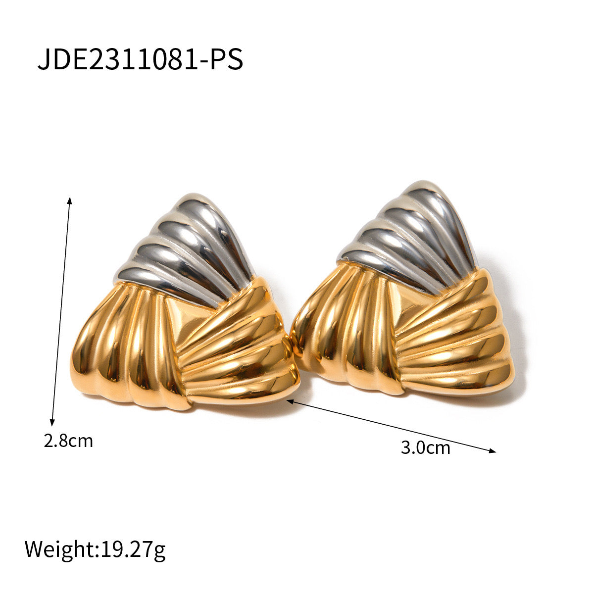 18K Gold Ribbed Triangle Statement Stud Earrings