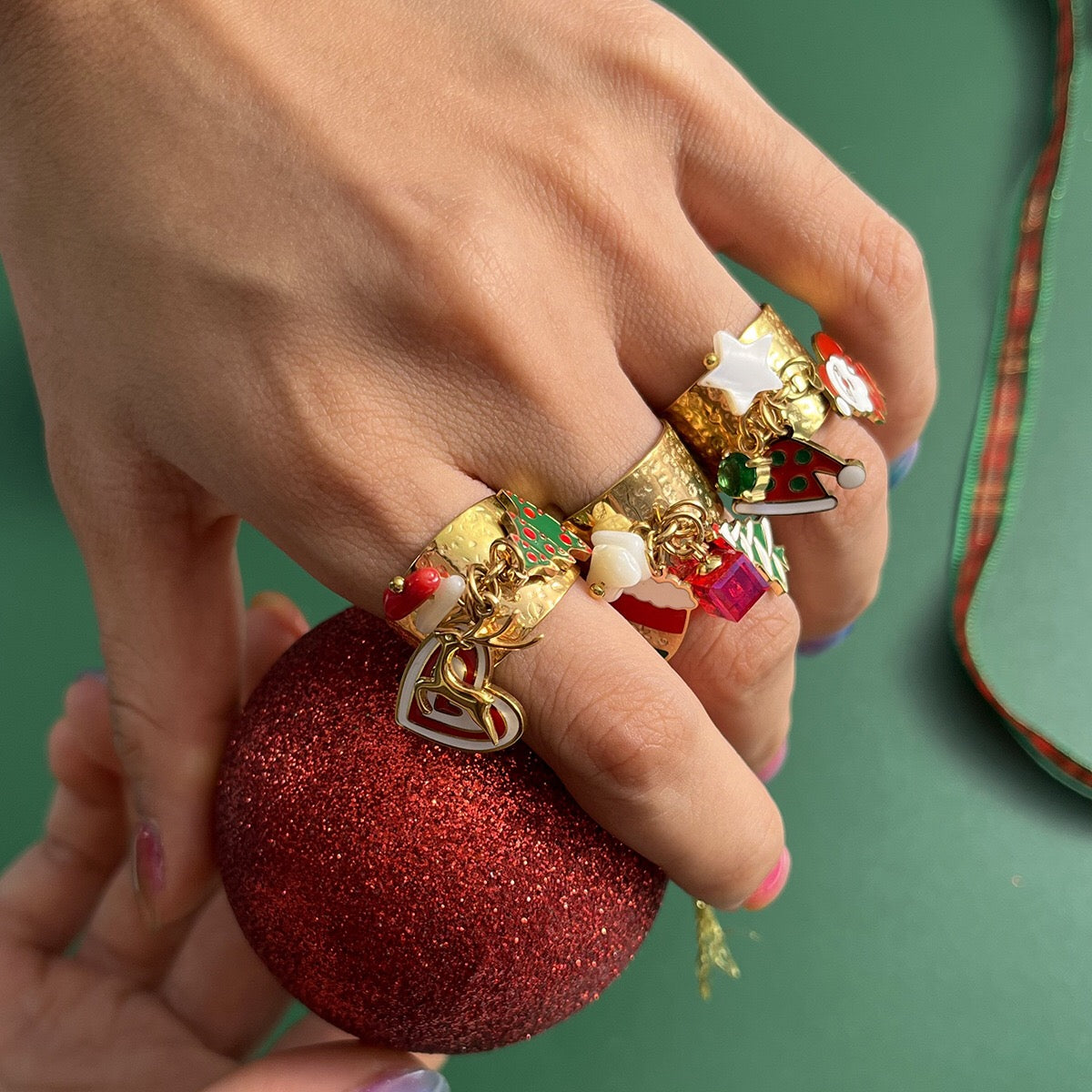 18K Gold Holiday Gleam Christmas Charm Statement Band Ring