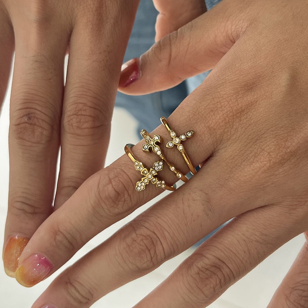 18K Gold Grace Cross Pave Stacking Rings