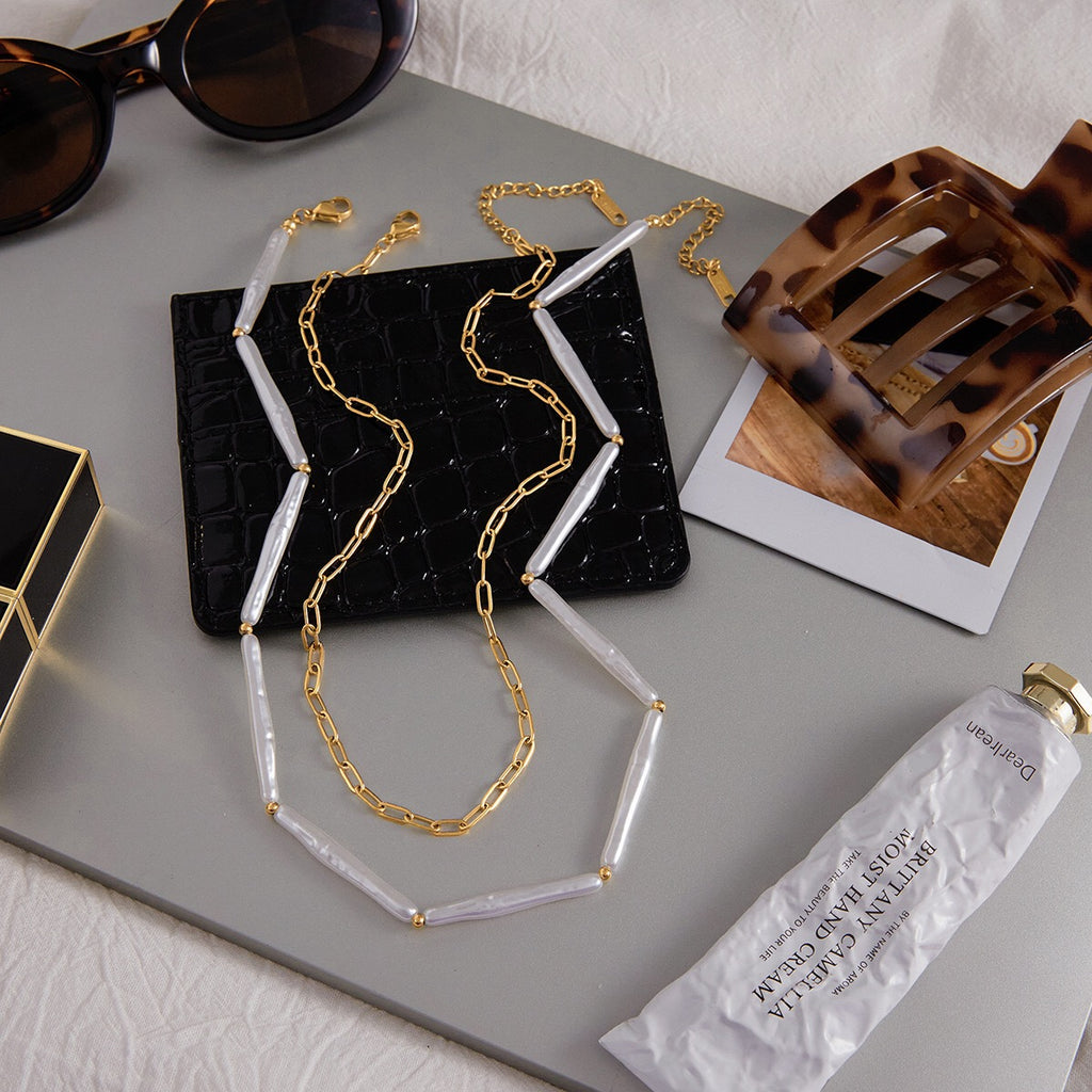 18K Gold Elegance Long Paper Clip Chain Layered Necklace Set