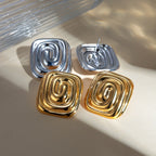 18K Gold Swirl Square Statement Stud Earrings