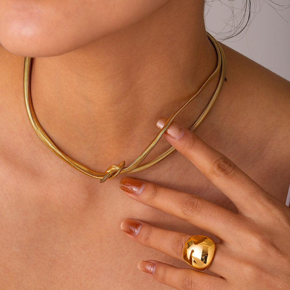 18K Gold Knotted Herringbone Snake Chain Choker Necklace
