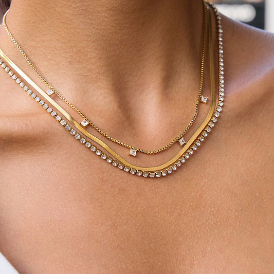 18K Gold Lavish Tennis Herringbone Snake Chain Dainty Layered Necklace Set