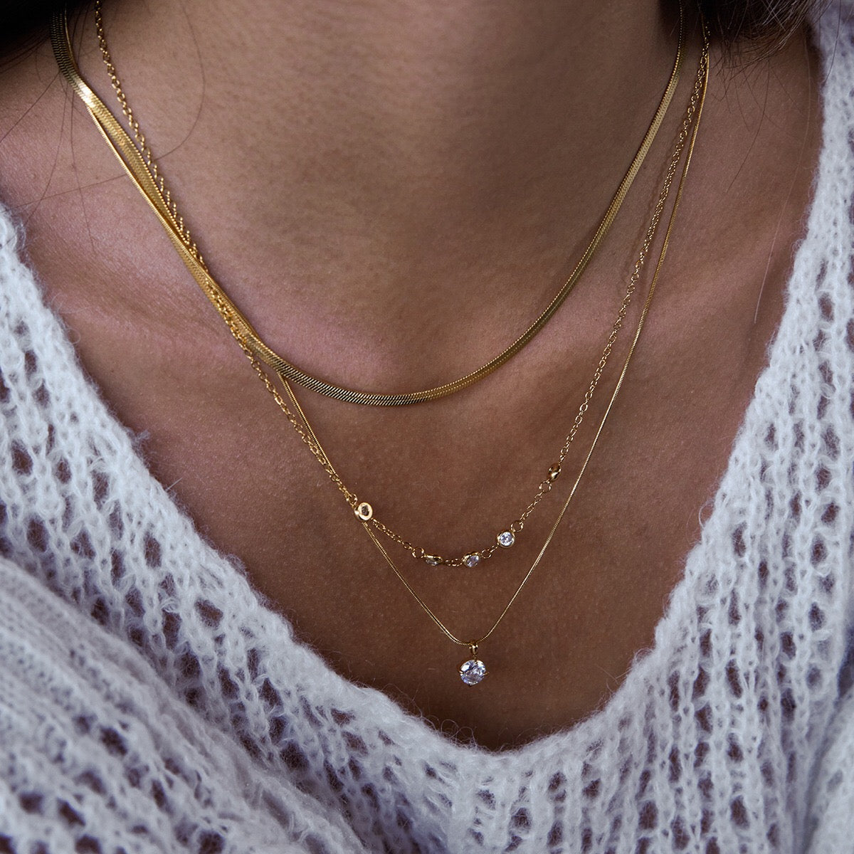 18K Gold Starry Jewel Herringbone Snake Chain Layered Necklace Set