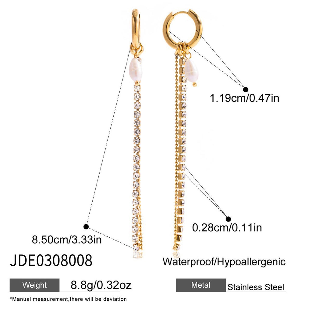 18K Gold Starstruck Tennis Chain Pearl Drop Dangle Huggie Earrings