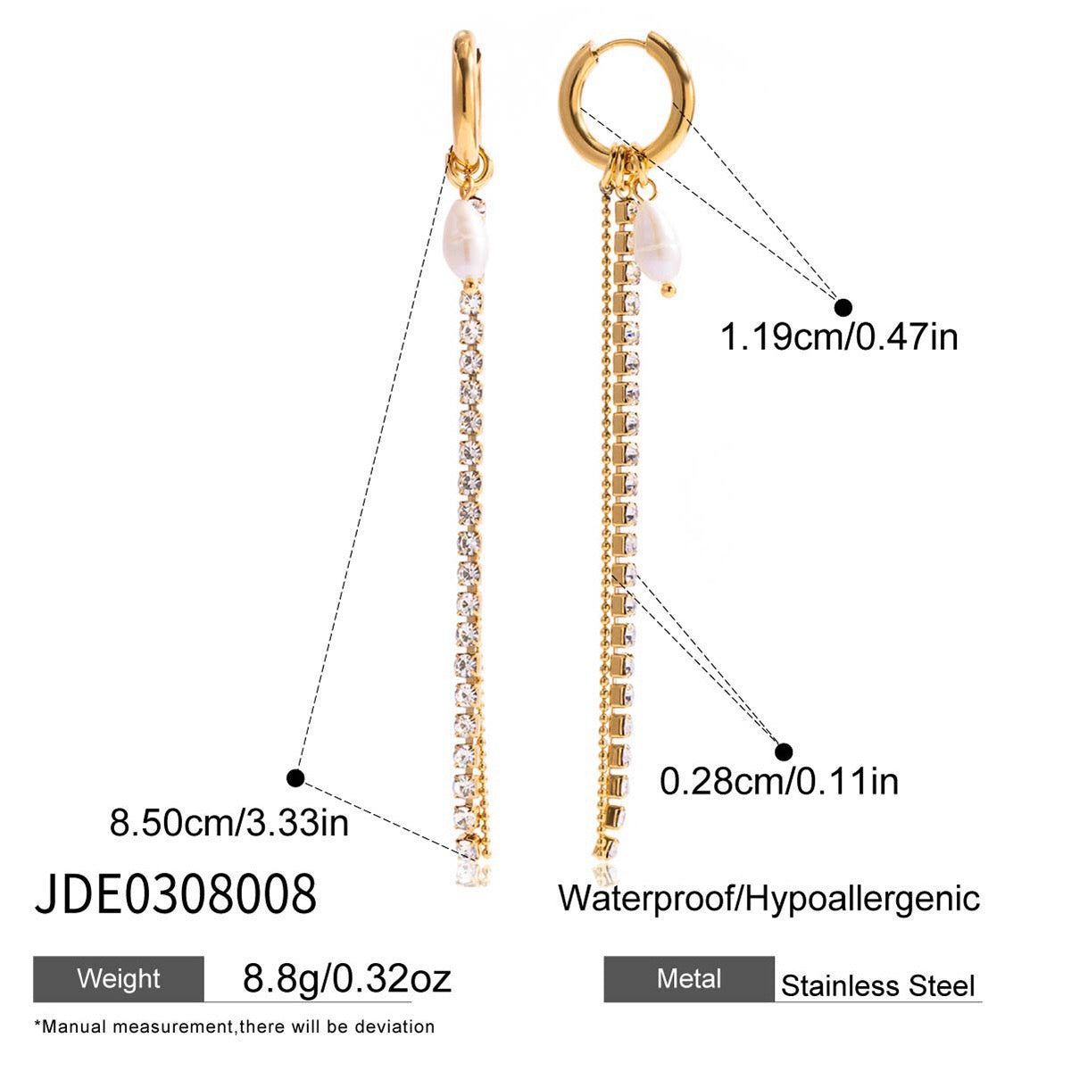 18K Gold Starstruck Tennis Chain Pearl Drop Dangle Huggie Earrings