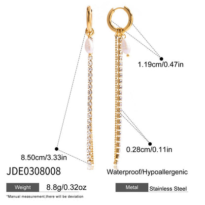 18K Gold Starstruck Tennis Chain Pearl Drop Dangle Huggie Earrings