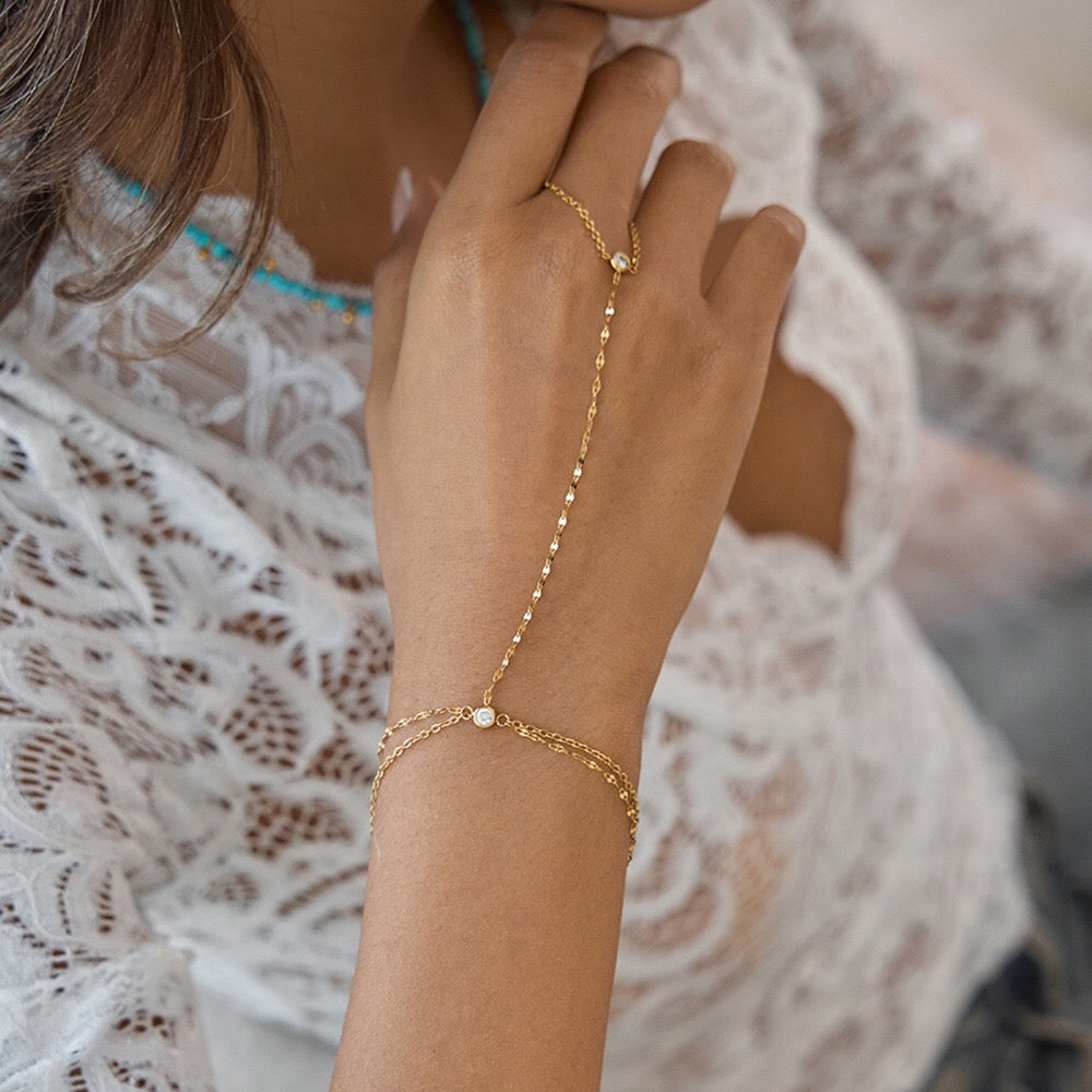 18K Gold Simple Bling Dainty Hand Chain Bracelet