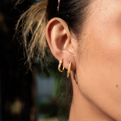 18K Gold Iced Frame Heart Small Rectangle Hoop Huggie Earrings