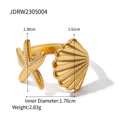 18K Gold and Silver Two Tone Coastal Glow Seashell Starfish Cuff Ring