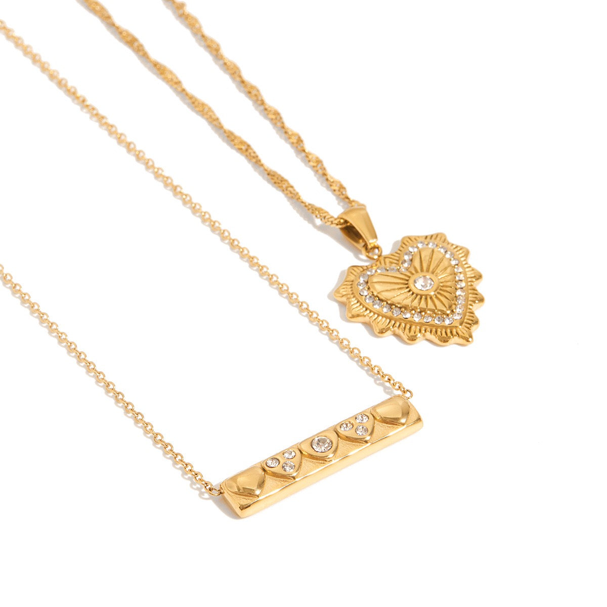 18K Gold Heart Signal Pendant Layered Necklace Set